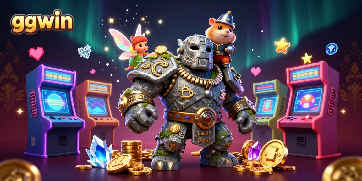 Engage with ggwin's vibrant slot-themed adventure featuring golem, fairy, and knight in a magical gaming scene.