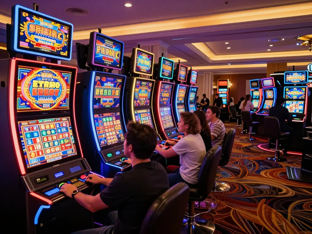 Players enjoying vibrant slot machines at 27G casino, surrounded by colorful lights and excitement