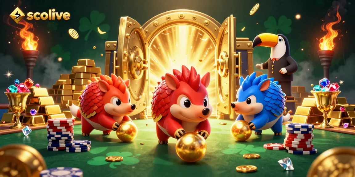 Socolive's dynamic pangolins compete in a vibrant casino showdown amid golden treasures and cheering crowds.