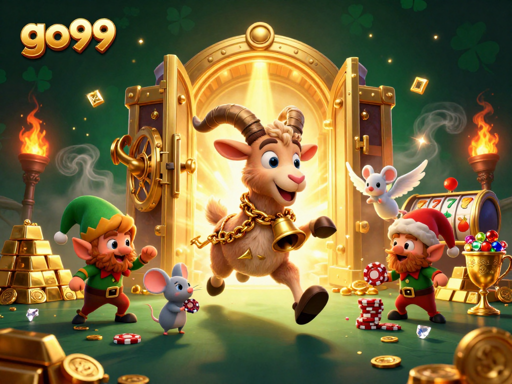 Bet on exciting encounters with go99's festive casino scene featuring Krampus, an angel mouse, and mischievous elf gremlins.