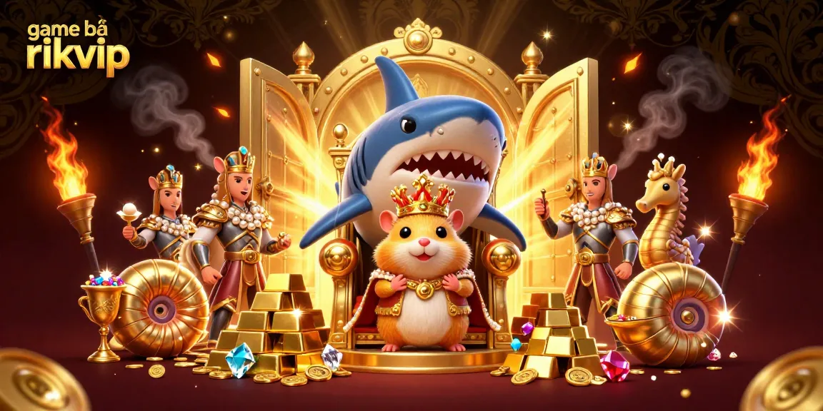 Play game bài rikvip with excitement around a golden hamster king in a treasure-filled casino scene.