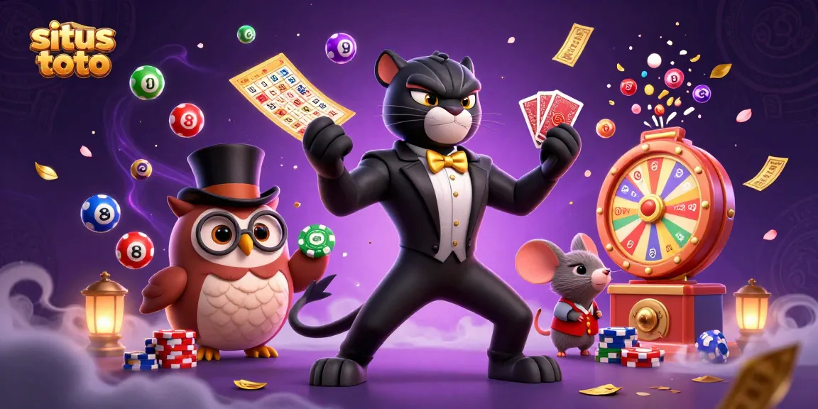 Menangkan permainan di situs toto dengan ilustrasi kasino penuh warna dan karakter menawan, termasuk panther dan burung hantu.