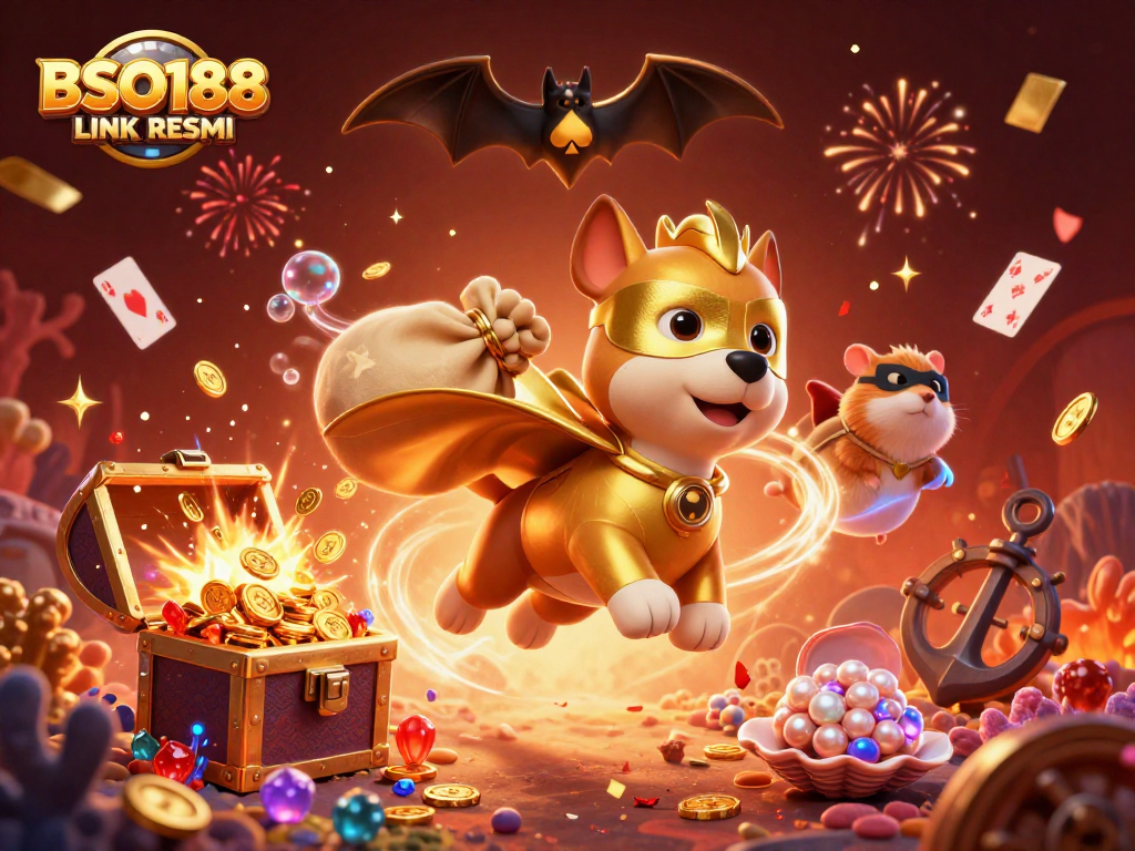 BSO188 LINK RESMI showcases a dynamic scene with a superhero dog and hamster among confetti and poker chip symbols.