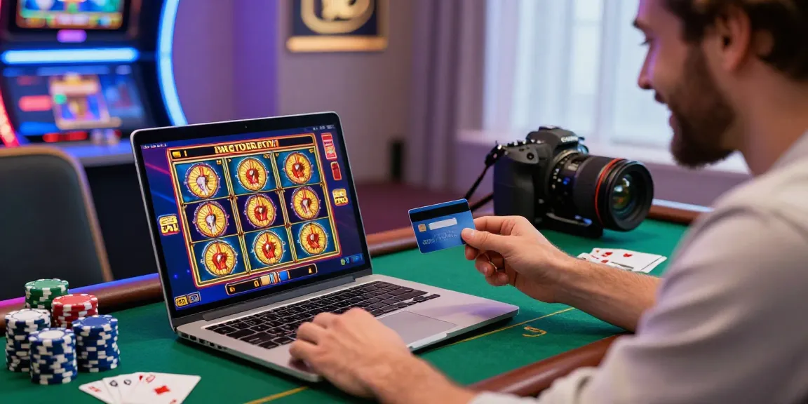 Excited player using credit card casinos for gaming, colorful slots, modern setup.
