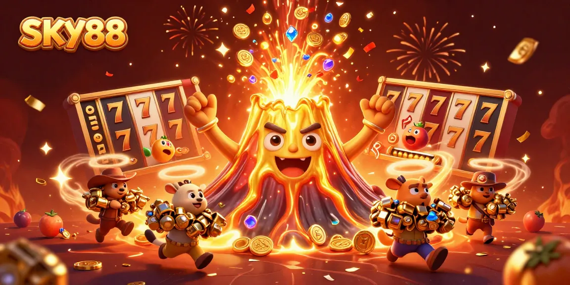 Experience the excitement of SKY88 with a vibrant scene of golden treasures and slot machines.