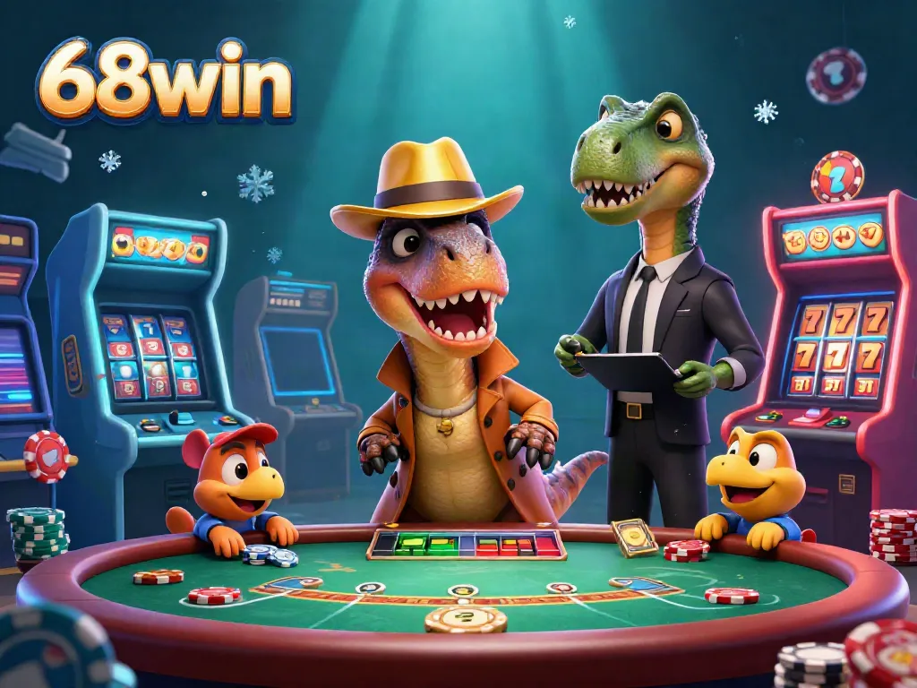 Experience thrilling blackjack action with 68win's cartoon velociraptors and vibrant casino elements.