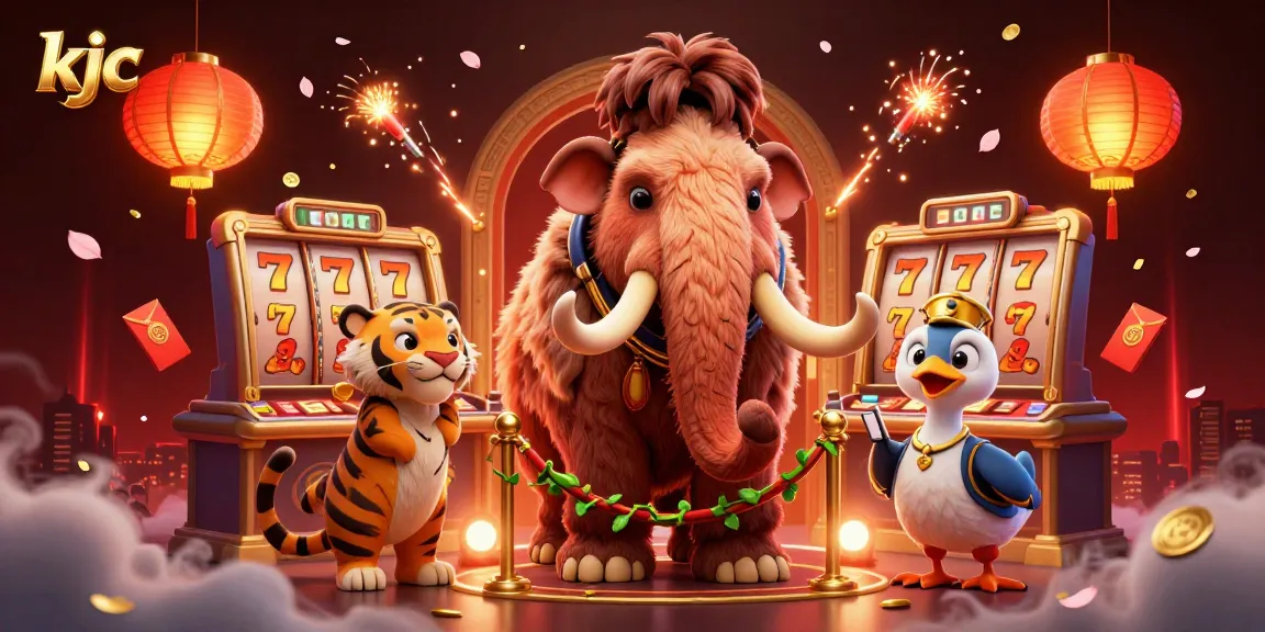 Enjoy dynamic gaming moments with KJC in a vibrant casino scene featuring playful characters.