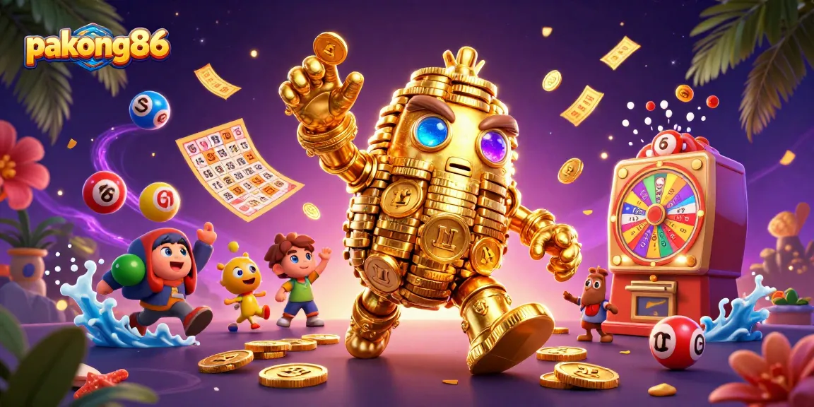 Experience thrilling gameplay with pakong86's dynamic casino elements, including lottery balls and golden golem.