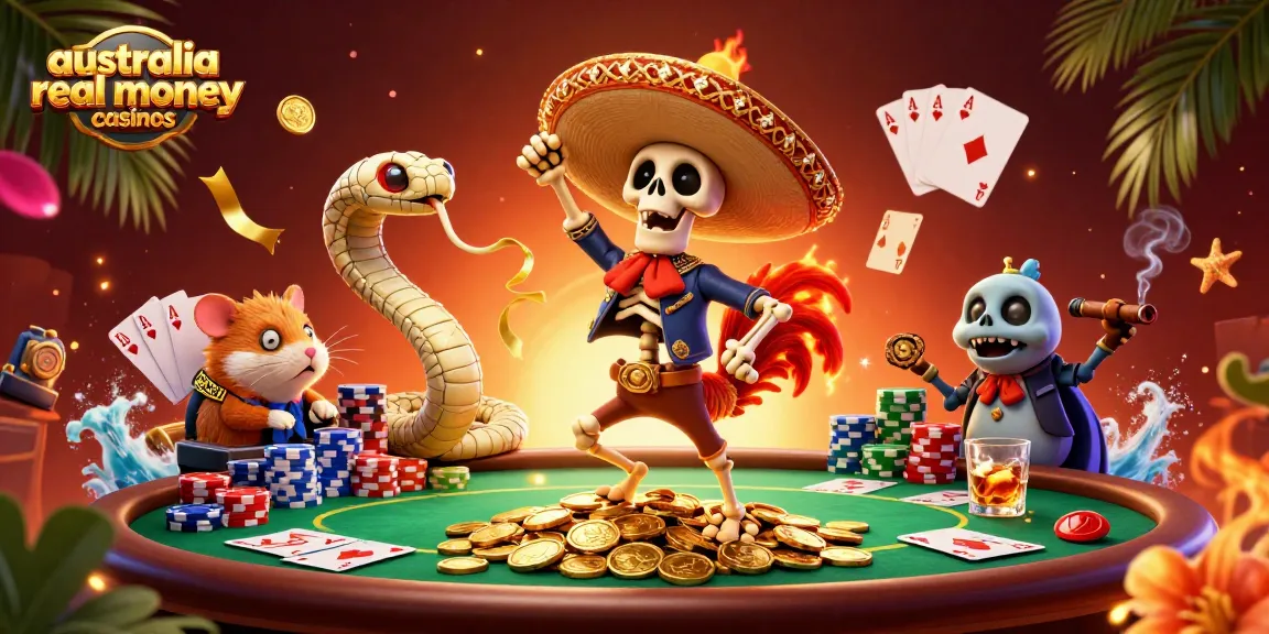Celebrate with the lively australia real money casinos scene featuring vibrant characters and gaming elements.