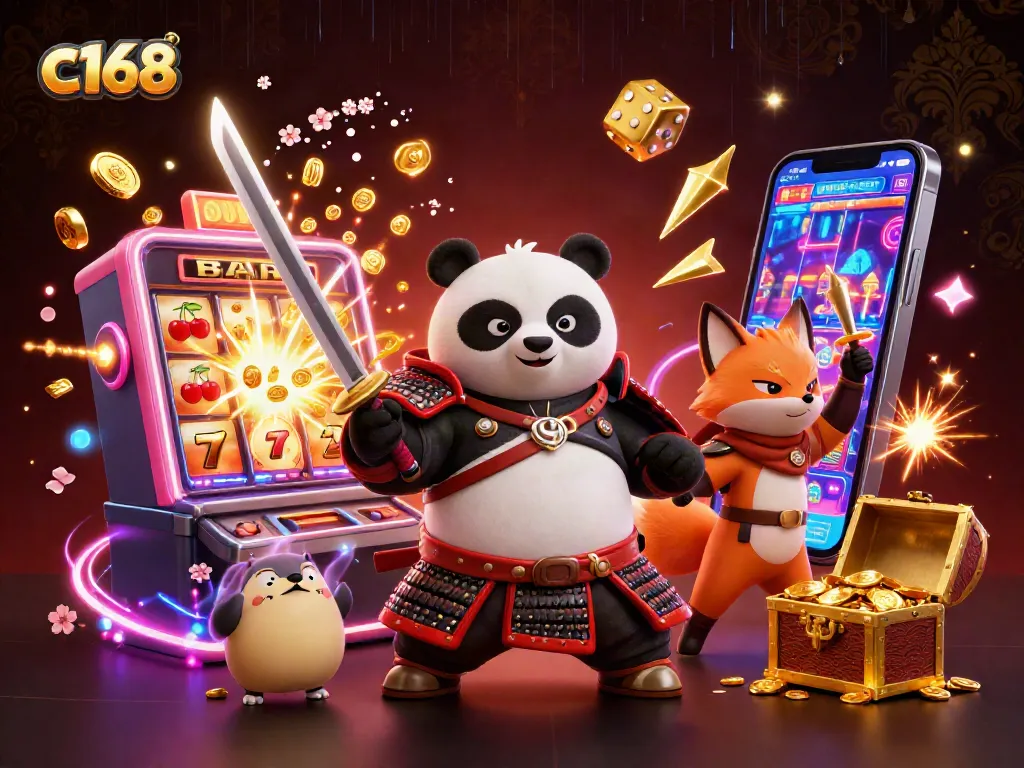 Engage with c168 for thrilling jackpots featuring samurai panda and ninja fox in a vibrant casino scene.