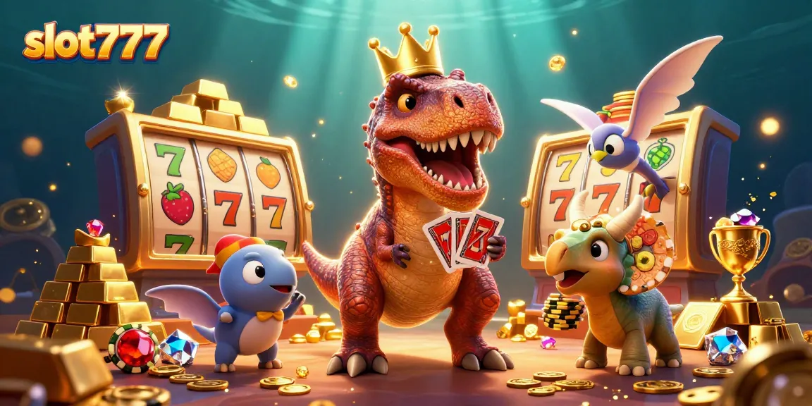 Experience exciting gaming with slot777 while T-Rex shuffles cards amidst treasure.