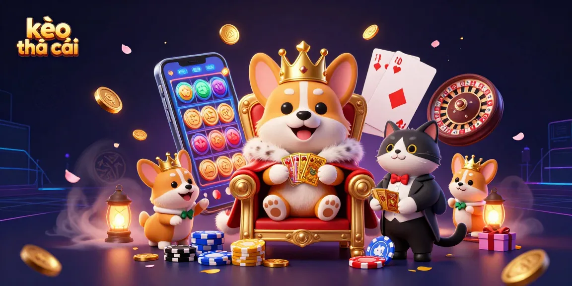 Engage with kèo nhà cái through this vibrant digital art featuring a royal corgi throne, golden card deck, and casino elements.