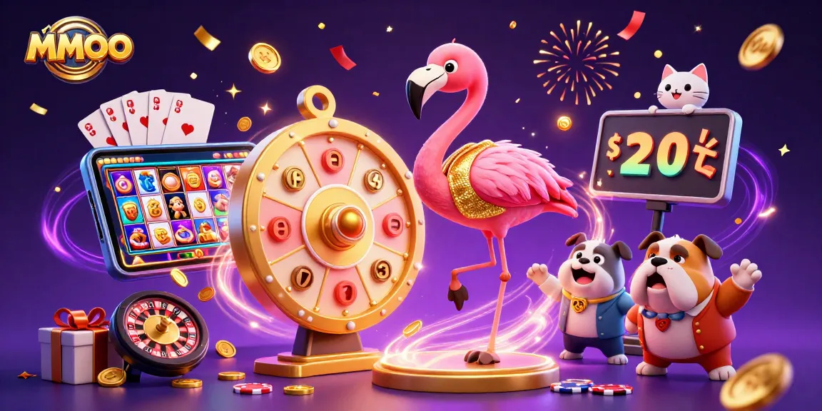 Engage with MMOO as the flamingo host spins the prize wheel amid colorful casino action.