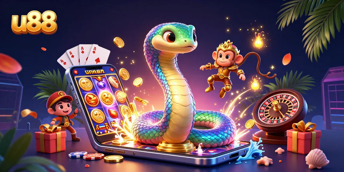 Experience the excitement of u88 with a vibrant 3D illustration showcasing a rainbow serpent, mobile games, and golden coins.