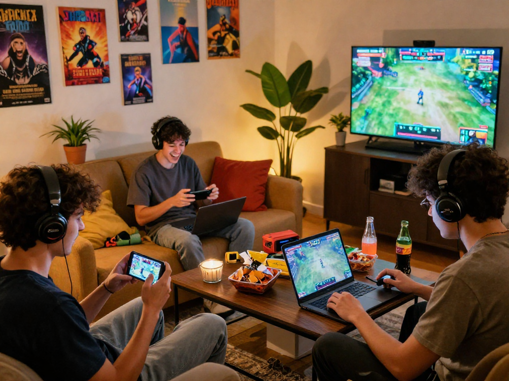 Engaging players in a cozy setting, exploring sex game online on various devices, surrounded by laughter and snacks.
