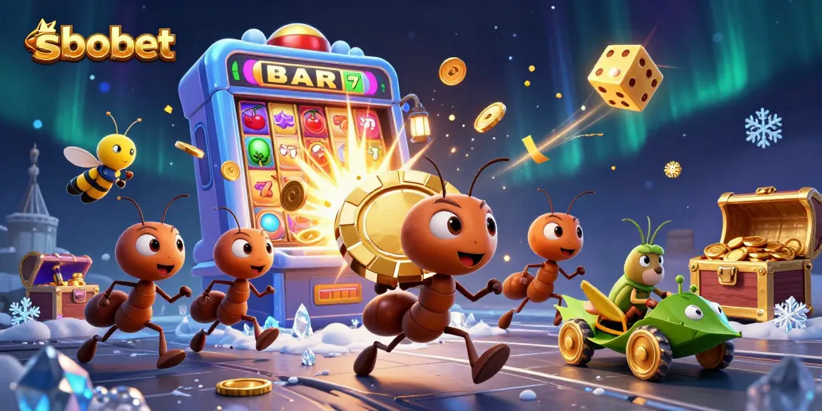 Bet big with sbobet as ants haul a golden poker chip in this vibrant casino scene.