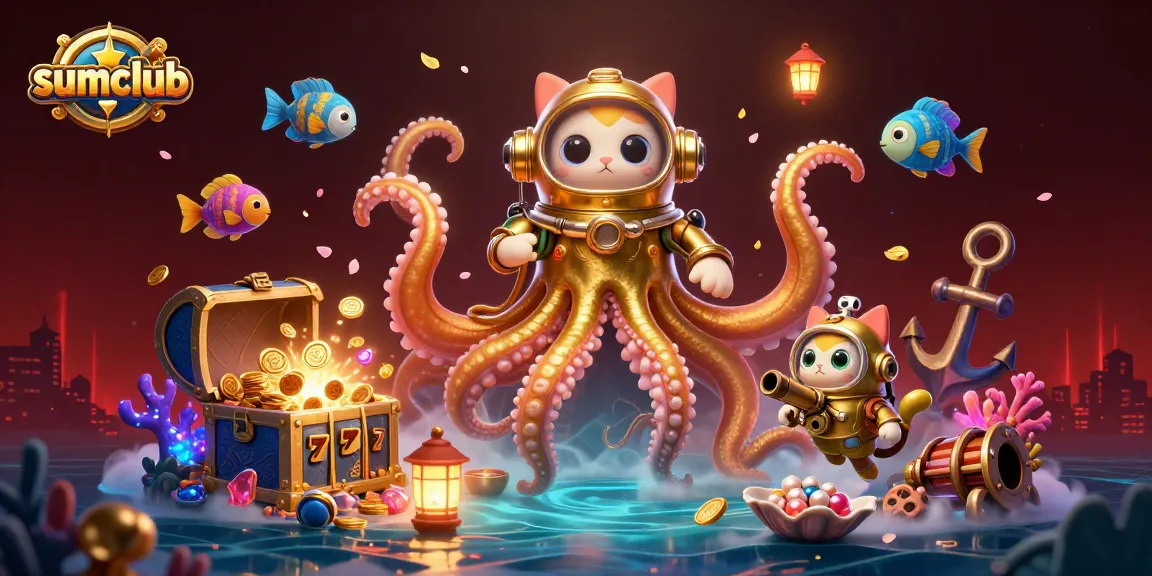 Engage with sumclub’s thrilling underwater adventure featuring a kraken and diving cat in a vibrant casino setting.