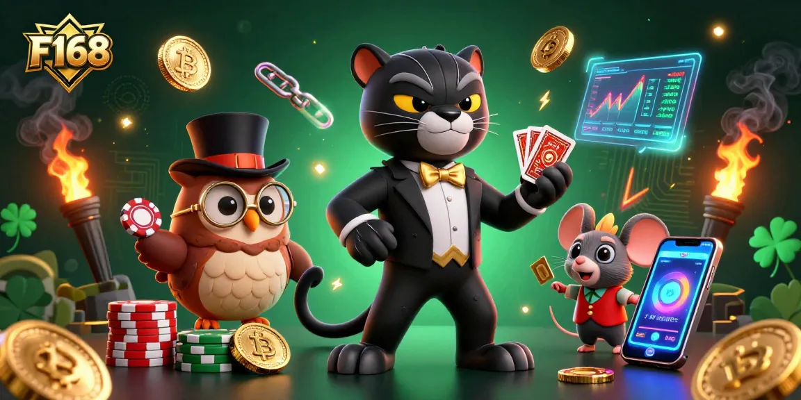 F168 engaging 3D illustration showcasing vibrant casino elements with stylish characters and crypto features.