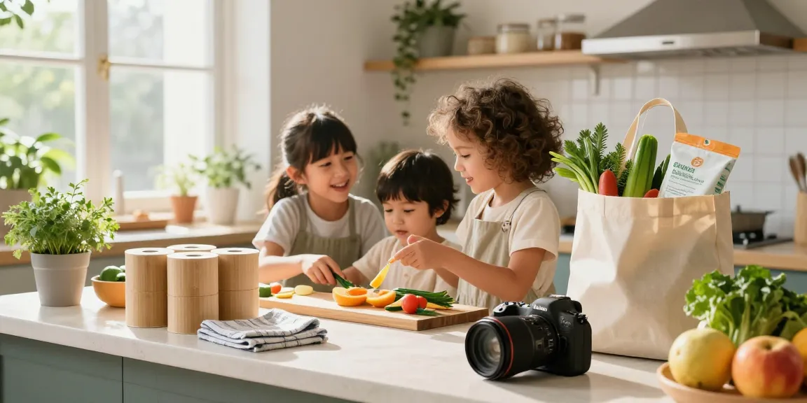 Bamboo toilet roll displayed in a bright, eco-friendly kitchen as a family focuses on sustainable living.