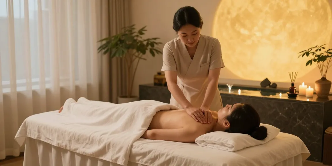 Relaxing scene of 성동구출장마사지 therapy session with therapist and client in serene spa.