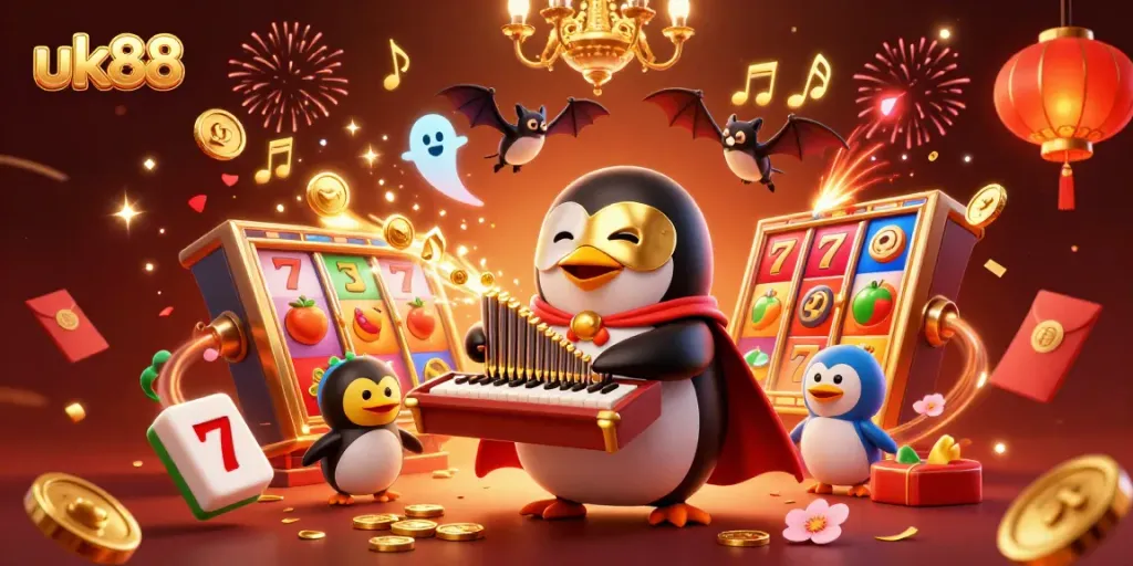 Engage with uk88 in a festive casino scene featuring a penguin playing a golden pipe organ surrounded by vibrant slot machine elements.