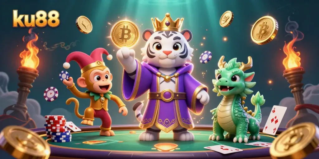 Play golden monkey juggling poker chips and white tiger with crown promoting ku88 casino excitement.