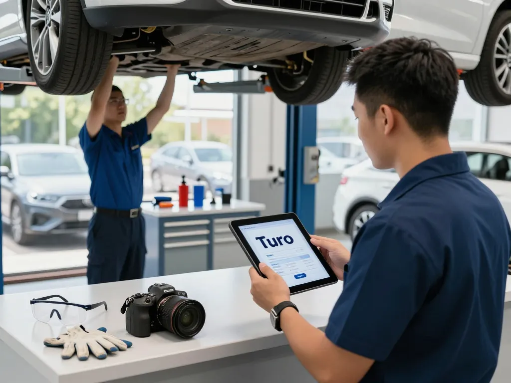 Conducting a Turo inspection online in a modern garage, showcasing technology and professionalism.