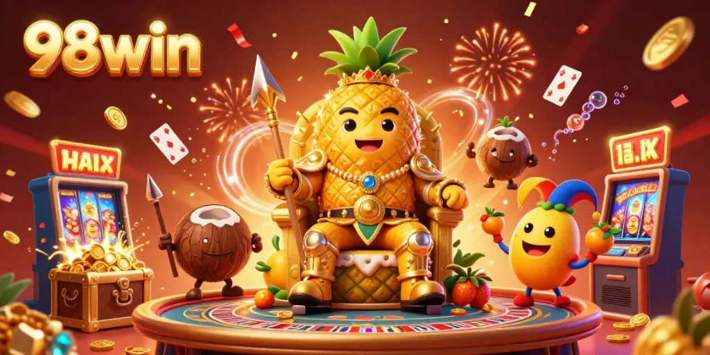 Experience the excitement of 98win with a vibrant casino scene featuring engaging characters and dynamic gaming elements.