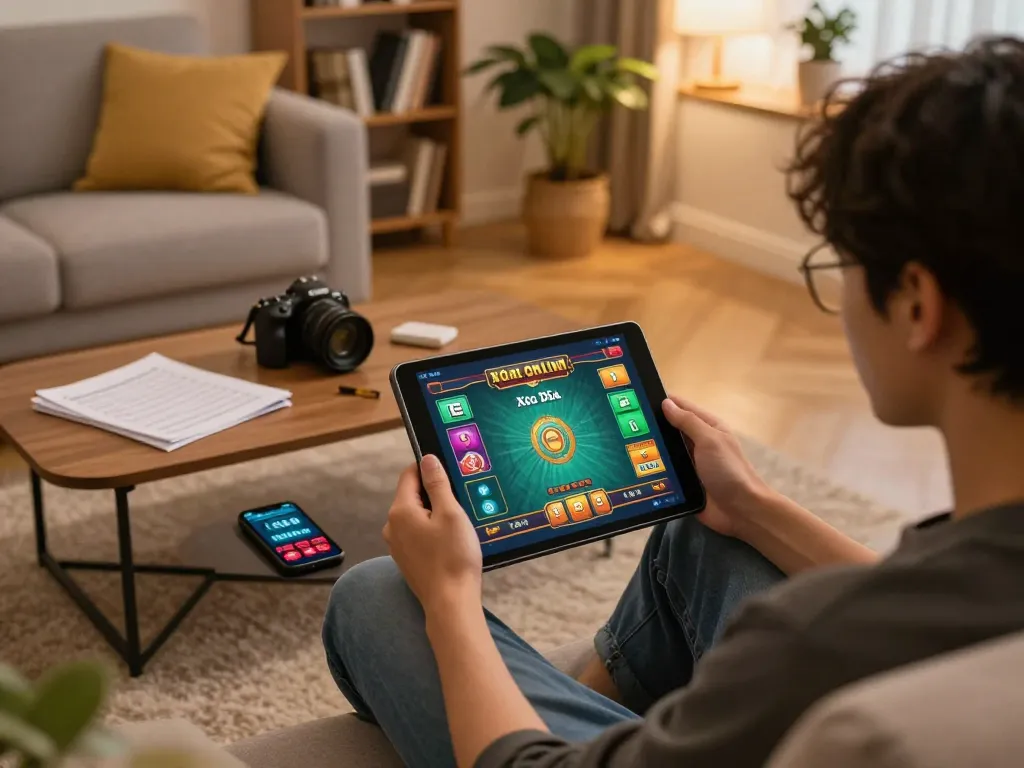 Xóc Đĩa Online gaming scene featuring a user engaged on a tablet in a cozy home setup with notes for strategies.