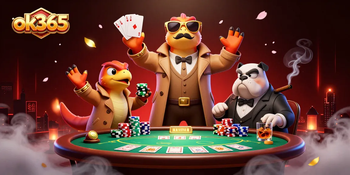 Engage in thrilling poker action at the ok365 VIP casino lounge amidst playful raptors and a vigilant bouncer.