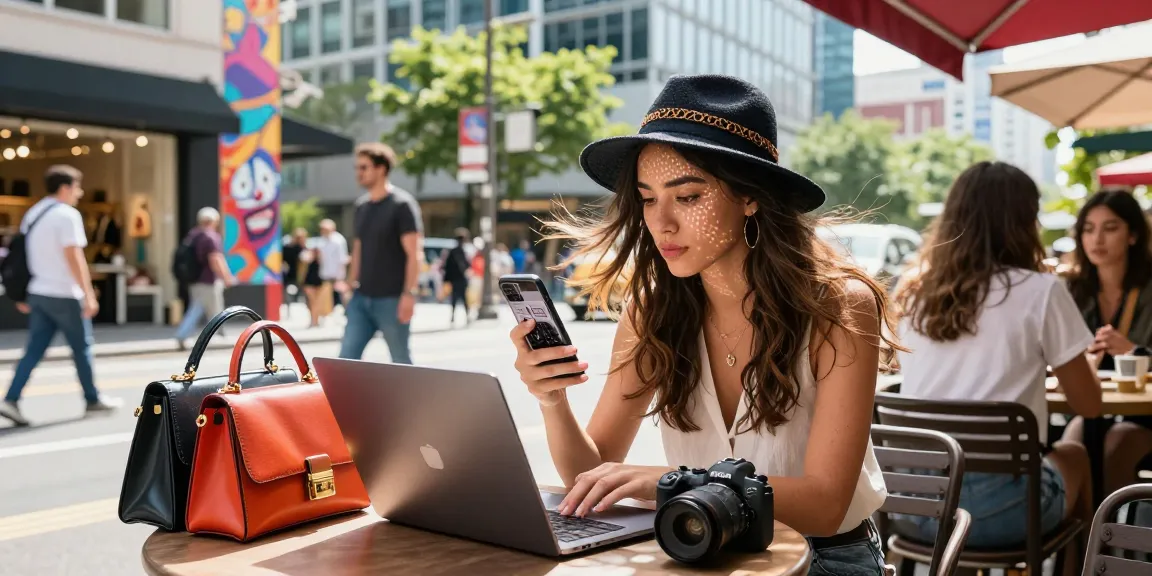 Young woman exploring 레플리카 사이트 at an outdoor café in the city.