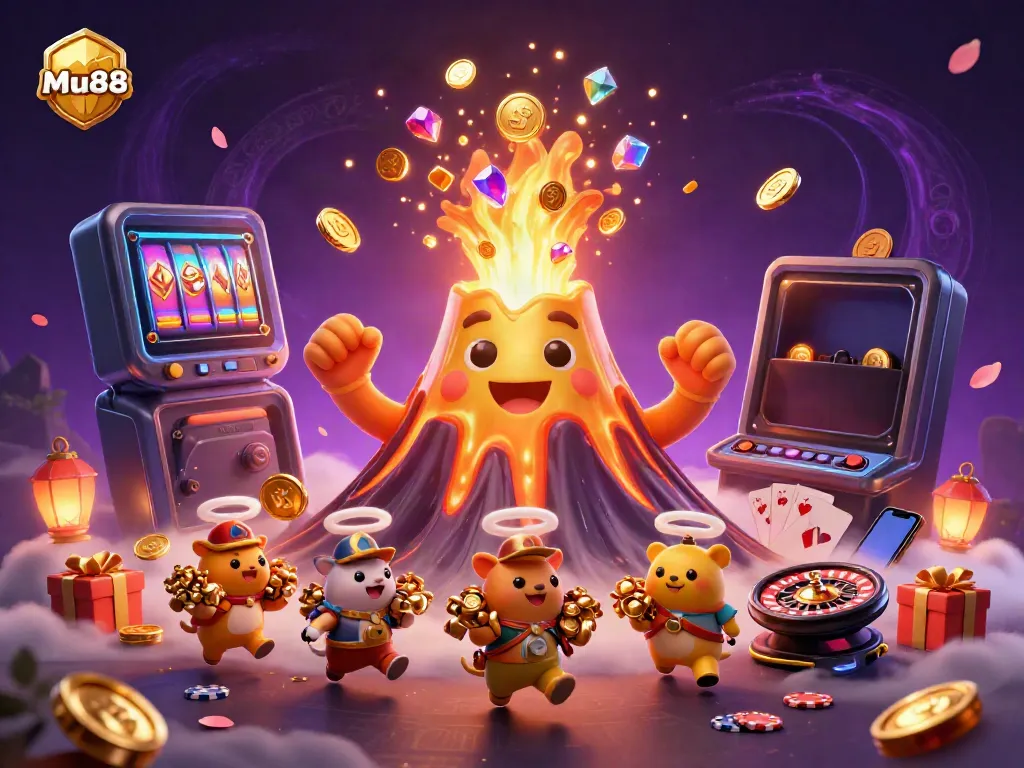 Experience the thrill of Mu88 with a vibrant volcano erupting coins and colorful slot games.