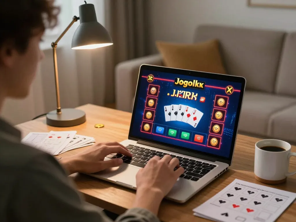 Engaging user playing jogoluck poker on laptop at home, showcasing strategic decisions and relaxed atmosphere.