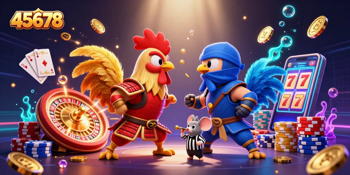Experience thrilling action at 45678 with cartoon roosters battling amid vibrant casino elements.