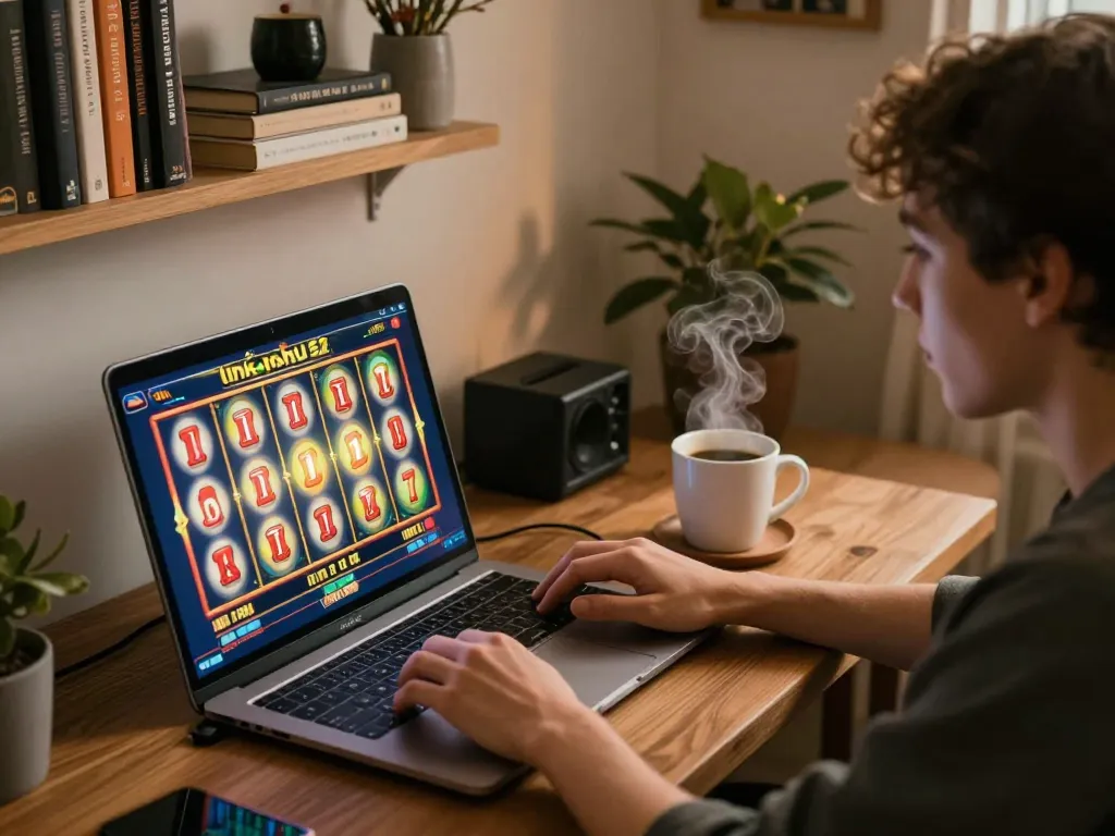 Engaging online gambling experience with a player using link nohu52 on a laptop, showcasing excitement and comfort.