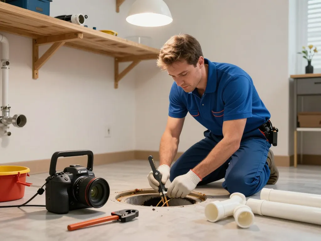 Sewer repair Northwest Indiana by a professional plumber, showcasing efficient service in a well-lit basement.