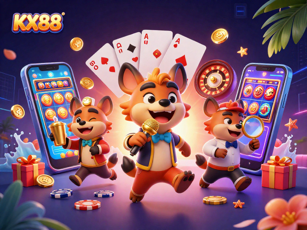 KX88 offers thrilling casino fun with hyenas entertaining at a comedy club, showcasing vibrant slot games and prizes.