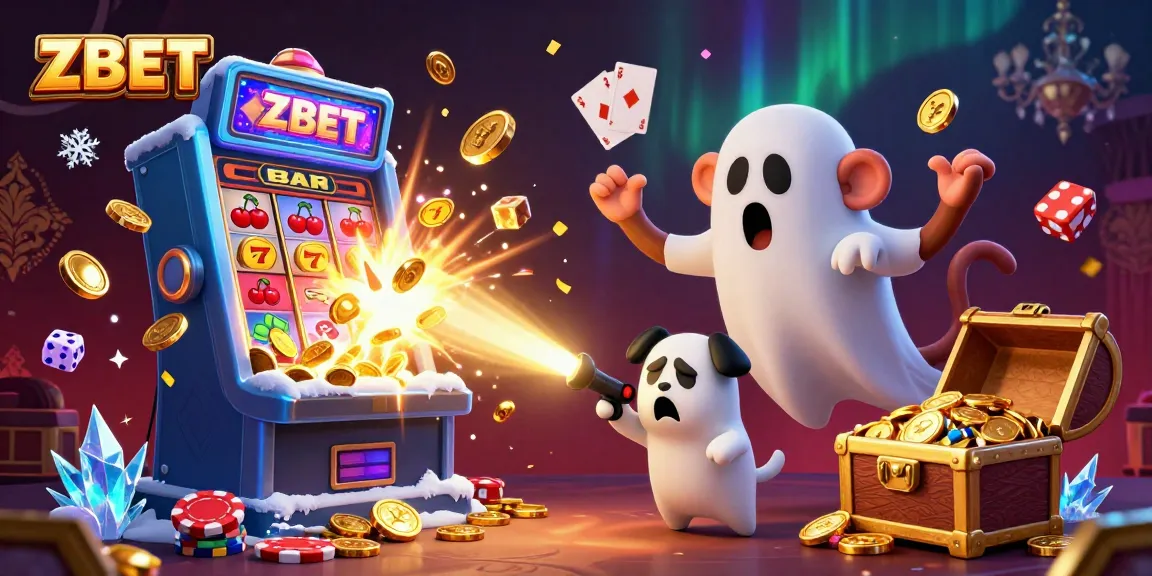 ZBET showcases an exciting casino scene with a mischievous monkey and a curious puppy tracking gold coins and games in a vibrant environment.