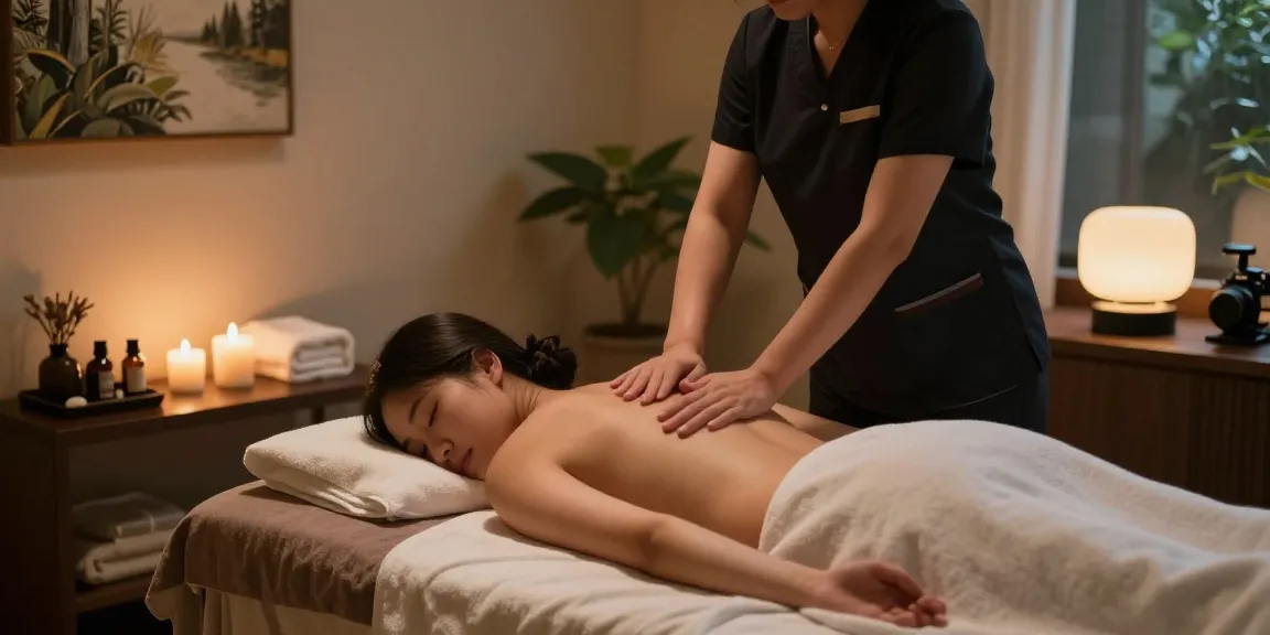 Client receiving 군포출장마사지 in a tranquil spa setting with calming atmosphere and essential oils present.