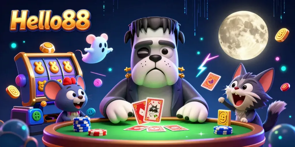 Experience thrilling card dealing action by Hello88 with a haunted twist, featuring a vibrant casino scene.