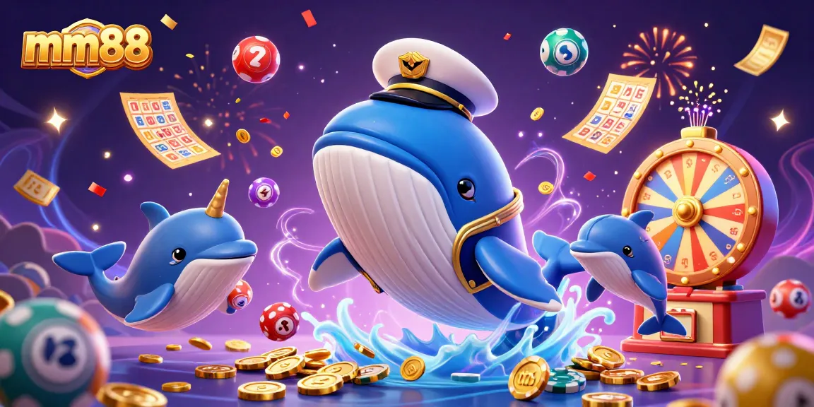 Engage with mm88's spectacular gaming world, illustrated with a playful whale, narwhal, and dolphins amidst gaming elements.