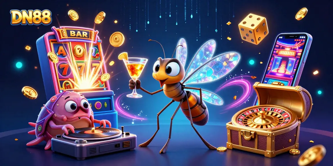 Spin the reels at DN88 with a lively casino scene featuring animated characters and exciting gaming elements.