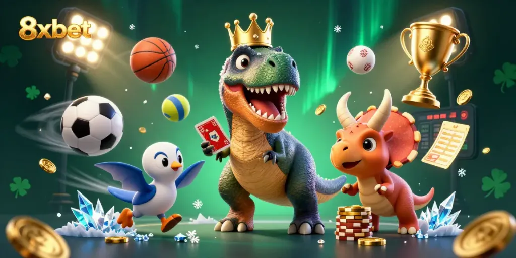 Experience the excitement of 8xbet with a dynamic 3D T-Rex card dealer and golden chips in action.