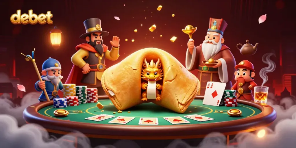 Engage in thrilling bets at debet with an enticing 3D casino scene featuring a golden fortune cookie, a tiny dragon, and poker elements.