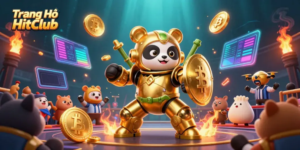 Experience the excitement at Trang Chủ HitClub with a mech-suit golden panda battling in an arena filled with vibrant gaming elements.