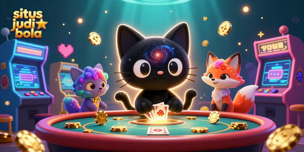 Situs judi bola theme with a cartoon black hole cat and colorful nebula fox at a cosmic casino.