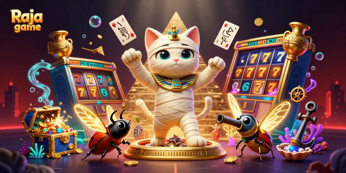 Experience the thrill of Raja game with a dynamic scene of a mummy cat and scarab beetle surrounded by colorful slots and treasures.