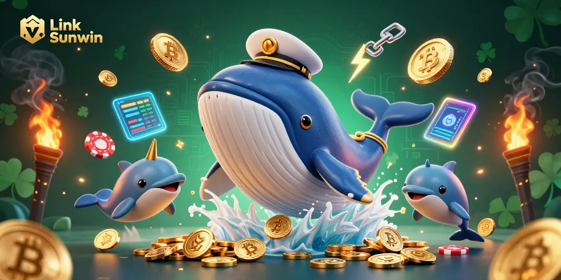 Experience thrilling rewards at Link Sunwin with vivid characters playing among glowing tokens and casino elements.