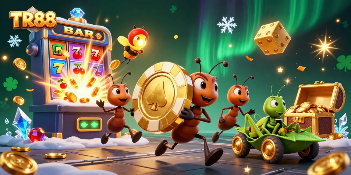Engage with TR88 through a vibrant 3D illustration of a heist featuring ants and casino elements.