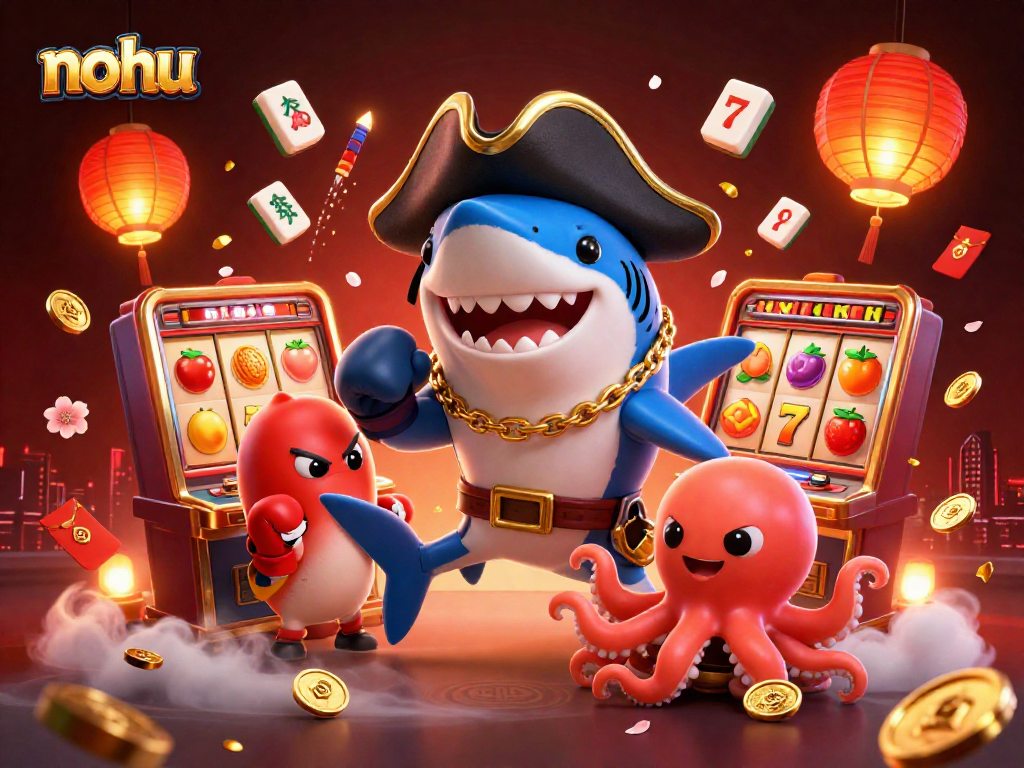 Nohus pirates win big at the slot machines, surrounding a vibrant casino scene.